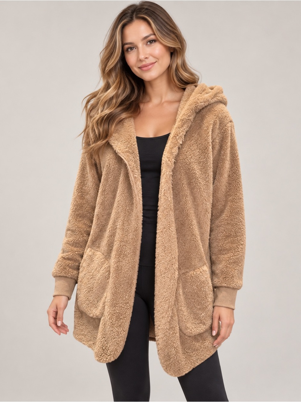 Tan Teddy Sherpa Hooded Open Front Longline Cardigan
